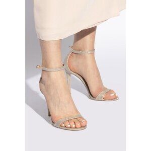 Stuart Weitzman Nudistcurve Heel Sandal Ankle Strap Platino Glitter US 7.5 - New